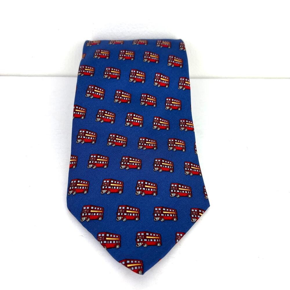 Silk Tie London Double Decker Bus Print Beaufort Tie Rack 100% silk vintage blue